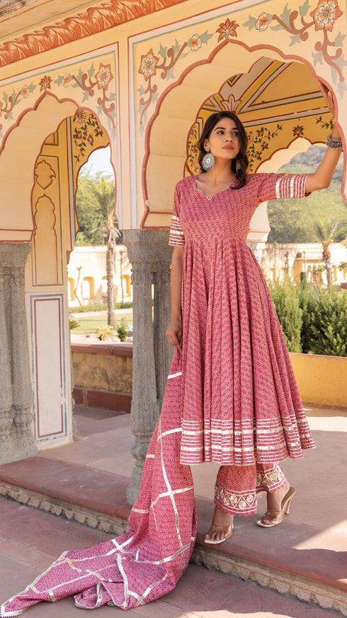 Pomcha Jaipur Rosewood Booti Gotta Jaal Cotton Anarkali Set With Jaal Work Dupatta